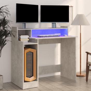 Escritorio con luces LED de madera contrachapada gris hormigón, dimensiones 97x45x90 cm, multicapa