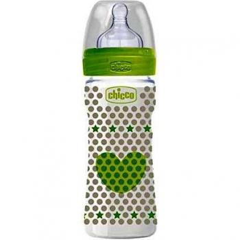 Chicco Wellbeing - Biberón antcólicos con tetina de silicona y flujo medio para bebé 2m+, 250 ml, color verde