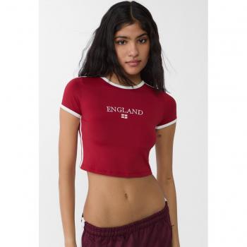 Stradivarius Dark Red Flag Print T-Shirt Size L