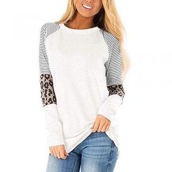 CNFIO Camisetas Mujer Manga Larga Leopardo Raya Cuello Redondo Blusas para Mujer Suelta Tops Mujer Fiesta