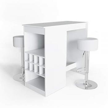 Set de mesa de bar Ross, Blanco, 115 x 50 cm con 2 taburetes de bar Vicco