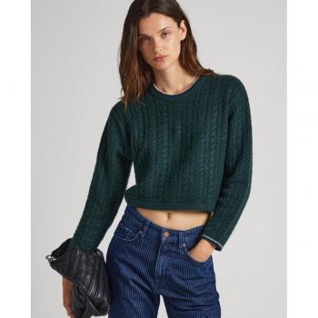 Pepe Jeans Elnora Women's Regent Green Cable Knit Sweater with Drawstring Hem