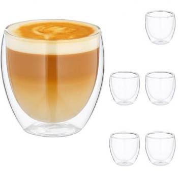 Set de 6 Tazas de Café y Cappuccino Doble Pared, 250 ml, Vidrio Transparente, Apto para Lavavajillas - Relaxdays