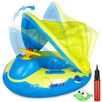 Gifort Flotador Bebé Piscina, Barco Niños Flotador Hinchable con Toldo Ajustable y Volante, Anillo de Natación Playa Baby Float para Bebé de 12 a 48 Meses, 70cm x 60cm