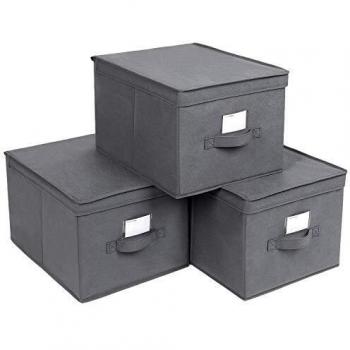 SONGMICS Juego de 3 Cajas Plegables de Alcon Tapas, Cubos de Tela con Portaetiquetas, 40 x 30 x 25 cm, Gris RFB03G