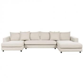 Sofá Esquinero Moderno U en Poliéster Beige Claro 5 Plazas con Poufs y Cojines Extraíbles Acolchados
