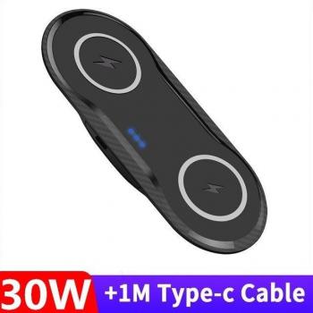 Cargador Inalámbrico Dual Qi 30W FDGAO para Samsung S10/S20 y iPhone 11/XS/XR/X/8 con USB-C - Almohadilla de Carga Rápida 2 en