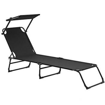 Tumbona Plegable 190 cm Negra con Techo de Acero - Hamaca de Playa para Jardín y Piscina