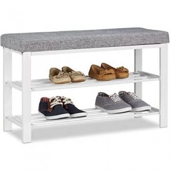 Banco Zapatero Moderno con Asiento Acolchado, 2 Niveles, Metal y Tela, Color Gris, Dimensiones: 50 x 81 x 32 cm