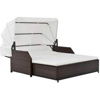 Brown Poly Rattan 2-Person Sun Lounger with Canopy