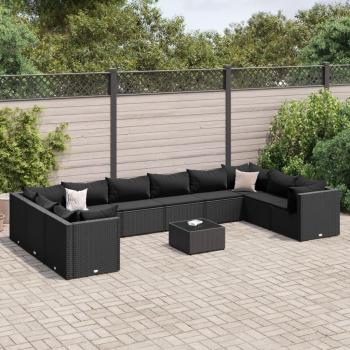 11-Piece Black Poly Rattan Garden Lounge Set with Cushions