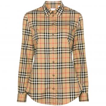 Burberry Women's Check Motif Cotton Shirt in Beige | Size 4 | 8083149A7028