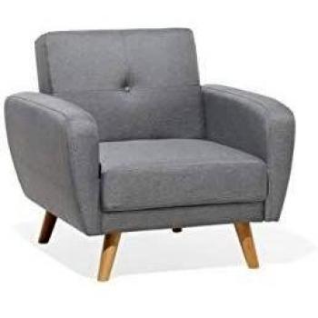 Sillón de poliéster gris claro con tejido copetudo, respaldo ajustable y patas de madera retro Florli