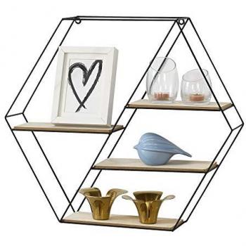 Estantería de Pared Hexagonal con 4 Estantes en Metal y Madera - 62 x 12 x 53 cm - Negro y Madera