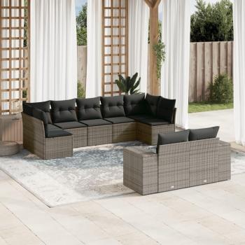 9-Piece Grey Poly Rattan Garden Sofa Set with Cushions