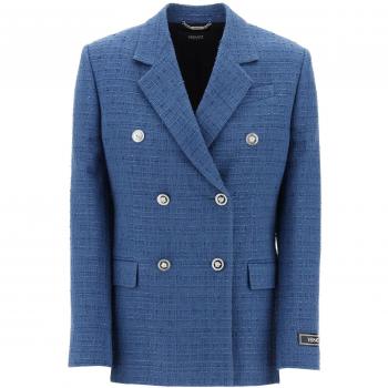 Versace Women's Double-Breasted Tweed Boucle Jacket in Denim, Size 42