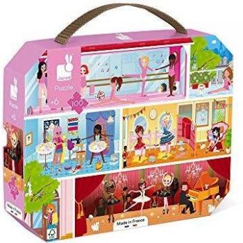 Janod - Puzle de 100 Piezas para Niños, Diseño de Academia de Baile, Juguete Educativo, para Habilidades Motrices Finas y Concentración, Maletín con Asa, Certificado FSC, A partir de 6 años, J02616