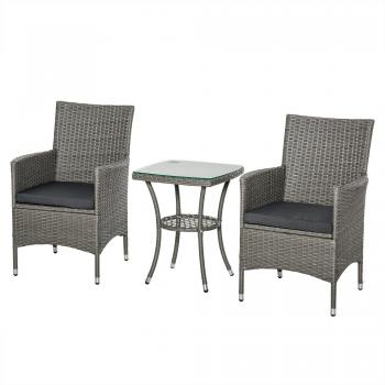 Outsunny Conjunto de Muebles de Ratán para Jardín con 1 Mesa, 2 Sillones y Cojines, Estructura de Metal, Color Gris