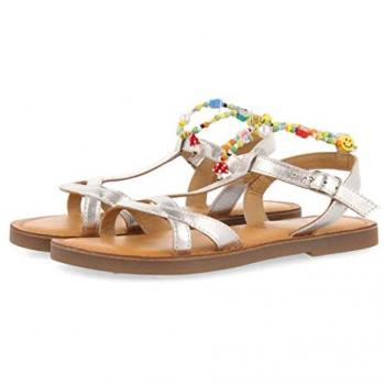 Gioseppo Sandalias de Piel Plata Niña Etigny con Cuentas de Colores, tipo: sandalias, características: color plateado, diseño con cuentas de colores, talla 39 EU