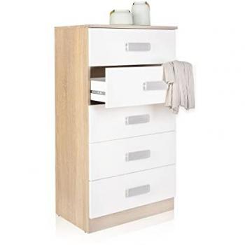 Sinfonier Kamik, 5 Cajones, Cómoda de Almacenaje para Dormitorio, Acabado en Melamina Roble Nórdico y Blanco, Medidas: 60 cm (Ancho) x 108,