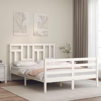 Cama de matrimonio pequeña con cabecero blanco, estructura de madera maciza