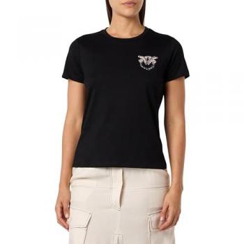 PINKO Love Birds Logo T-Shirt, Black, Size: S, Women's Jersey with Embroidery and Studs