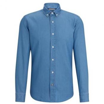 Hugo Boss Black Men's Casual-Fit Bright Blue Long-Sleeved Denim Shirt with Button-Down Collar - Size 17.5 inch / 44/46