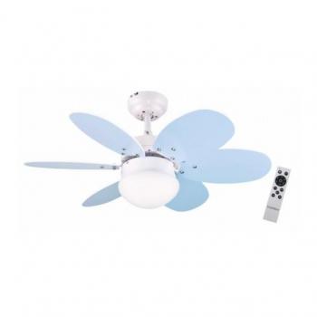 Ventilador de techo Bastilipo Algarve DC, motor DC, mando a distancia, 75cm Ø, 6 aspas, rosa/celeste, luz LED 3 tonos, chasis blanco