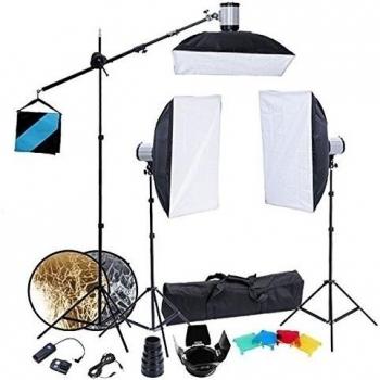 Kit de estudio: 3 Cabezas del flash, Caja de luz 50x70, Trípodes & Snoot