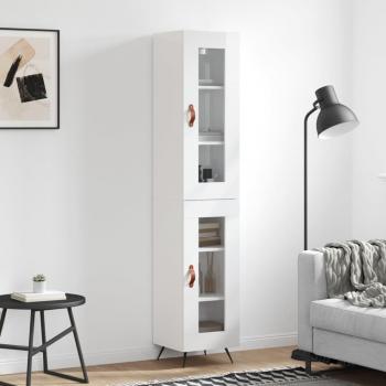 Aparador alto de madera contrachapada blanca brillo 34,5x34x180 cm con 1 puerta de cristal, mueble de almacenaje para salón, buffet y armario auxiliar