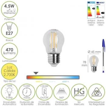 Bombilla LED Filamento Esfera E27 4,5W 470LM Luz Cálida 2700K