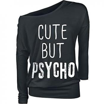 Cute But Psycho Mujer Camiseta Manga Larga Negro S, 95% Viscosa, 5% elastán, Ancho