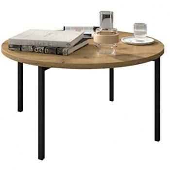 Mesa de café redonda Providence 182, Aglomerado laminado, Negro y Roble Artisan, Diámetro 80cm, Altura 44cm