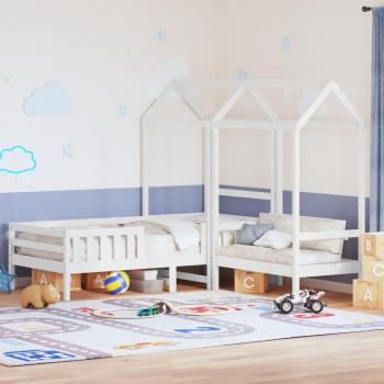 Cama solar con banco y techo de madera maciza de pino blanco 80x200 cm