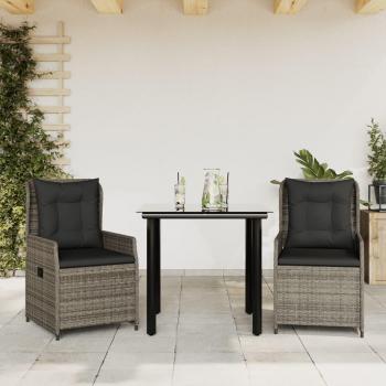 3-Piece Grey Poly Rattan Garden Dining Set with Cushions