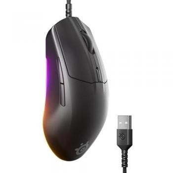 Ratón Gaming SteelSeries Rival 3 Gen 2 con cable, Sensor óptico TrueMove de 8500 DPI, Baja latencia (1.35ms), RGB, Negro