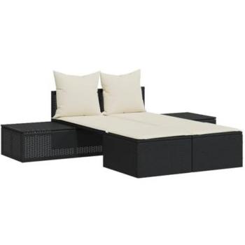 Tumbona doble con cojines de ratán sintético negro, ideal para jardín, playa, piscina y terraza