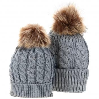 ECYC 2pcs / Set Mamá Y Bebé Tejiendo Sombrero Invierno Piel Caliente Pom Pom Beanie Hat, Gris