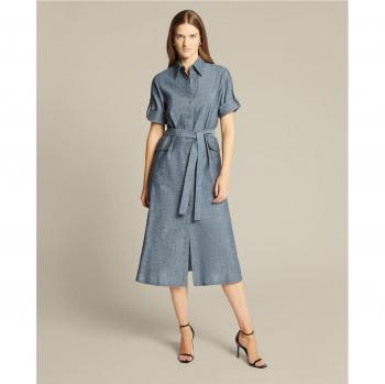 Vestido camisero de lino efecto denim con cinturón