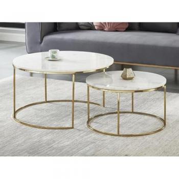 Mesas de Centro Apilables Angela - Mármol Blanco y Metal Dorado - Diseño Moderno
