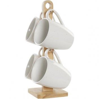 Set de 4 Tazas Mug Gres y Madera de Caucho