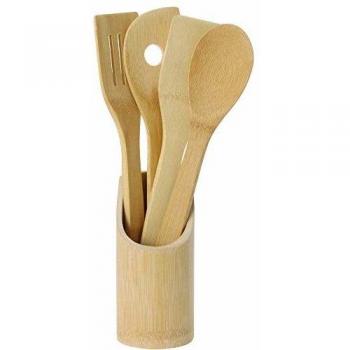 Cuchara de Madera Set/Utensilios de Cocina bambú 5 Piezas con Cuchara Agujero Paleta Espátula