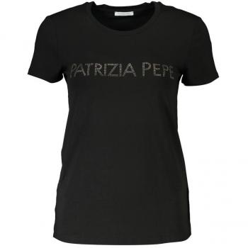 Patrizia Pepe Chic Rhinestone Crew Neck Tee - Black, Female, Size L, Short Sleeve T-Shirt with Rhinestone Logo Detail in Cotton