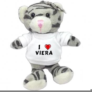 Gato gris de peluche (llavero) con Amo Viera en la camiseta (nombre de pila/apellido/apodo)