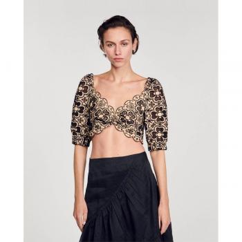 Sandro Mathie Eyelet Cropped Top - Beige Black - 4X-Large Women's Embroidered Blouse