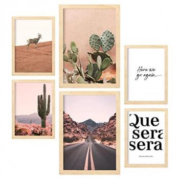 Conjunto 6 Cuadros Decorativos con Pósters Fotográficos del Desierto de México - Impresión Artística para Salón y Dormitorio - Tamaños A3 y A4 - Marco de Madera Clara
