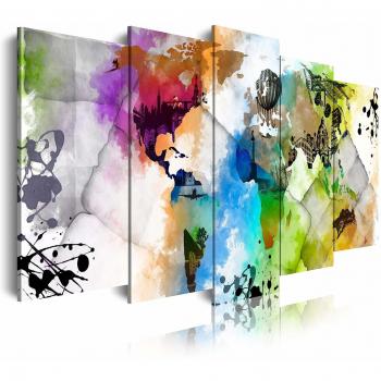 DekoArte 468 - Cuadros Modernos Impresión de Imagen Artística Digitalizada | Lienzo Decorativo para Tu Salón o Dormitorio | Estilo Mapamundi Mapa del Mundo Ciudades Acuarelas | 5 Piezas 200x100cm XXL