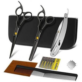 NWOUIIAY Tijeras de Peluquería 12PCS de Acero Inoxidable Juego de Tijeras Pelo con Navaja de Afeitar para Hogar Peluquería Salón Negro