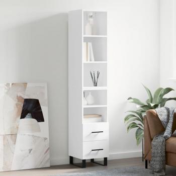 Aparador alto de madera contrachapada blanco brillo 34,5x34x180 cm con 2 cajones y 2 estantes, mueble de almacenaje para salón, buffet y armario auxiliar