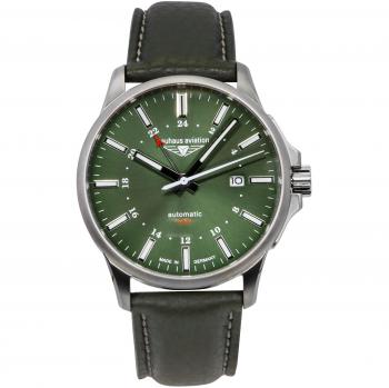 Bauhaus Aviation GMT Automatic Men's Watch with Dark Green Dial and Green Leather Strap